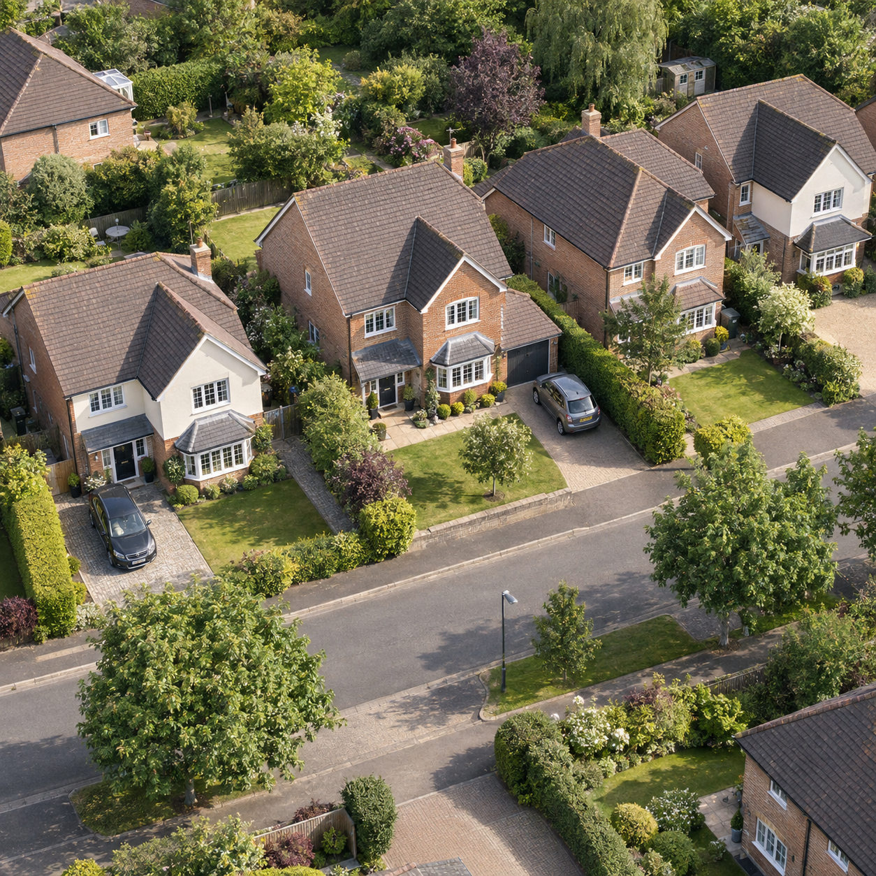 Illustrative aerial view of detached homes and tidy gardens in a quiet, leafy neighbourhood